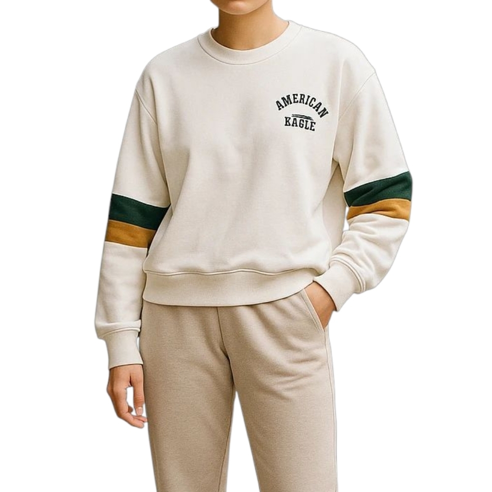 XL American Eagle Cream Cotton Blend Crewneck Stripes Sweatshirt